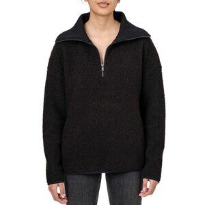 NEW ELLE Looped Fleece Sweater 1/4 Zip Pullover Pockets Collar Blk - L
